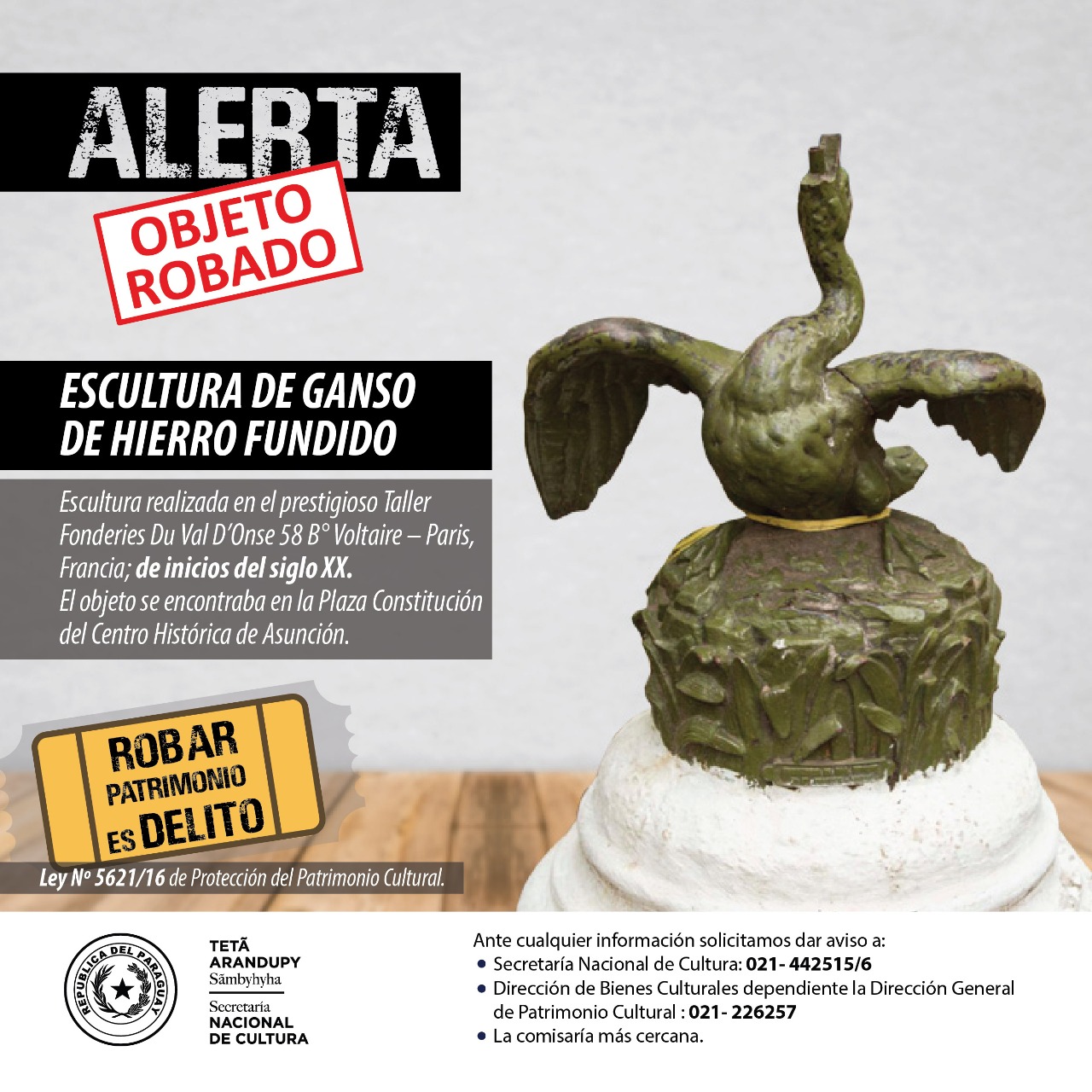 Alerta: roban pieza escultórica de la Plaza Constitución del Centro Histórico de Asunción imagen