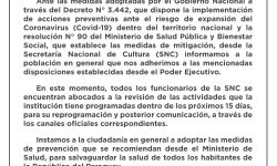 Coronavirus: Comunicado de la Secretaría Nacional de Cultura ante las medidas adoptadas por el Gobierno Nacional imagen