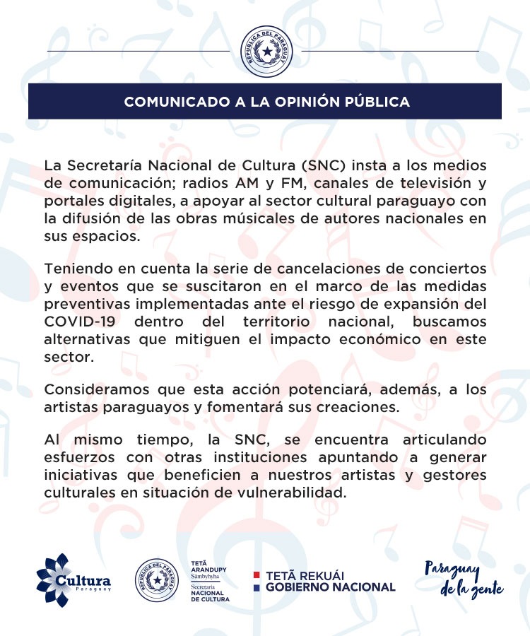 La SNC insta a los medios de comunicación apoyar al sector cultural paraguayo con la difusión de las obras musicales de autores nacionales en sus espacios imagen