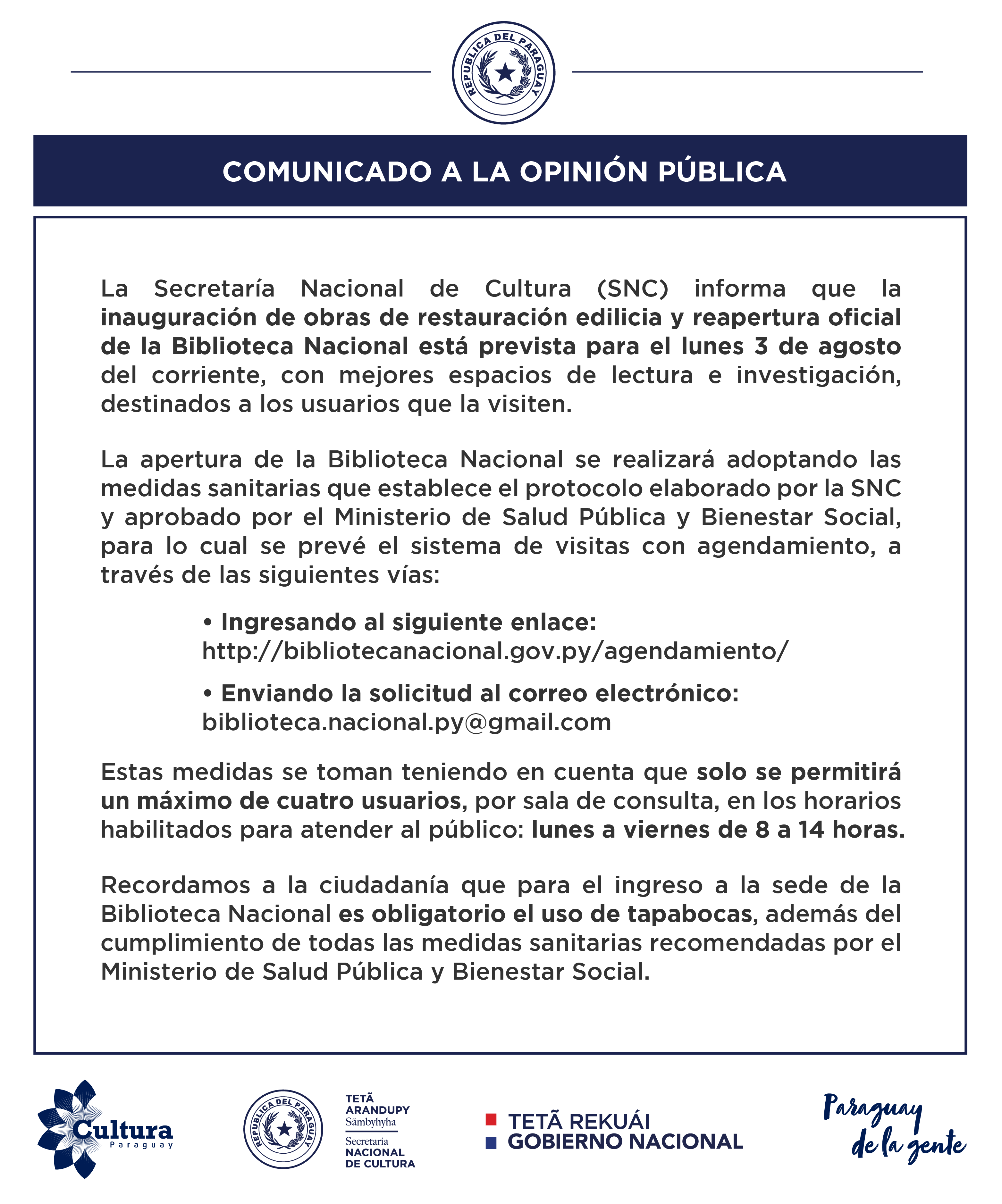 COMUNICADO A LA OPINIÓN PÚBLICA: inauguración de obras de restauración edilicia y reapertura oficial de la Biblioteca Nacional de Asunción imagen