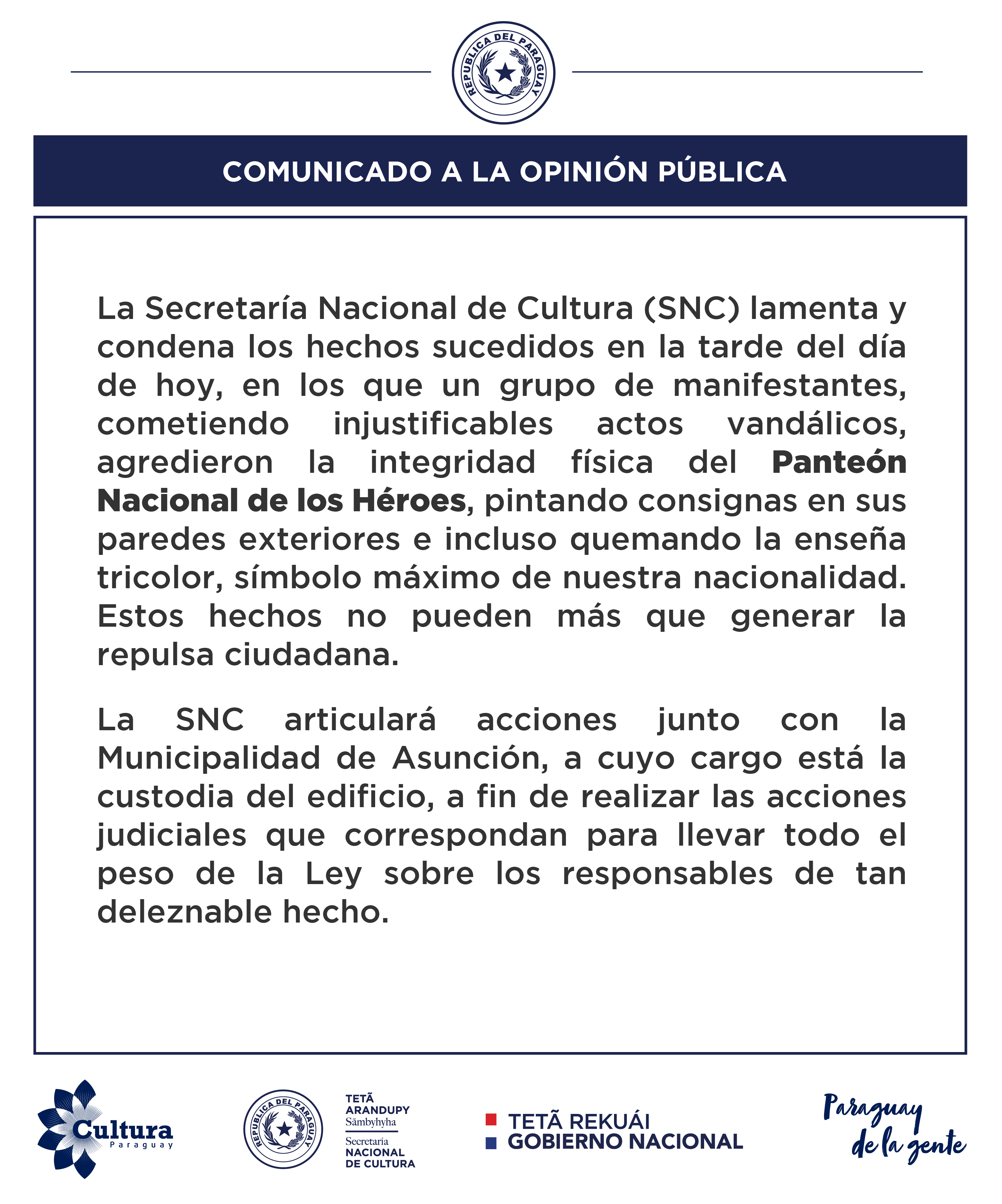 Comunicado a la opinión pública: SNC condena enérgicamente los hechos vandálicos perpetrados contra el Panteón Nacional de los Héroes y anuncia acciones imagen