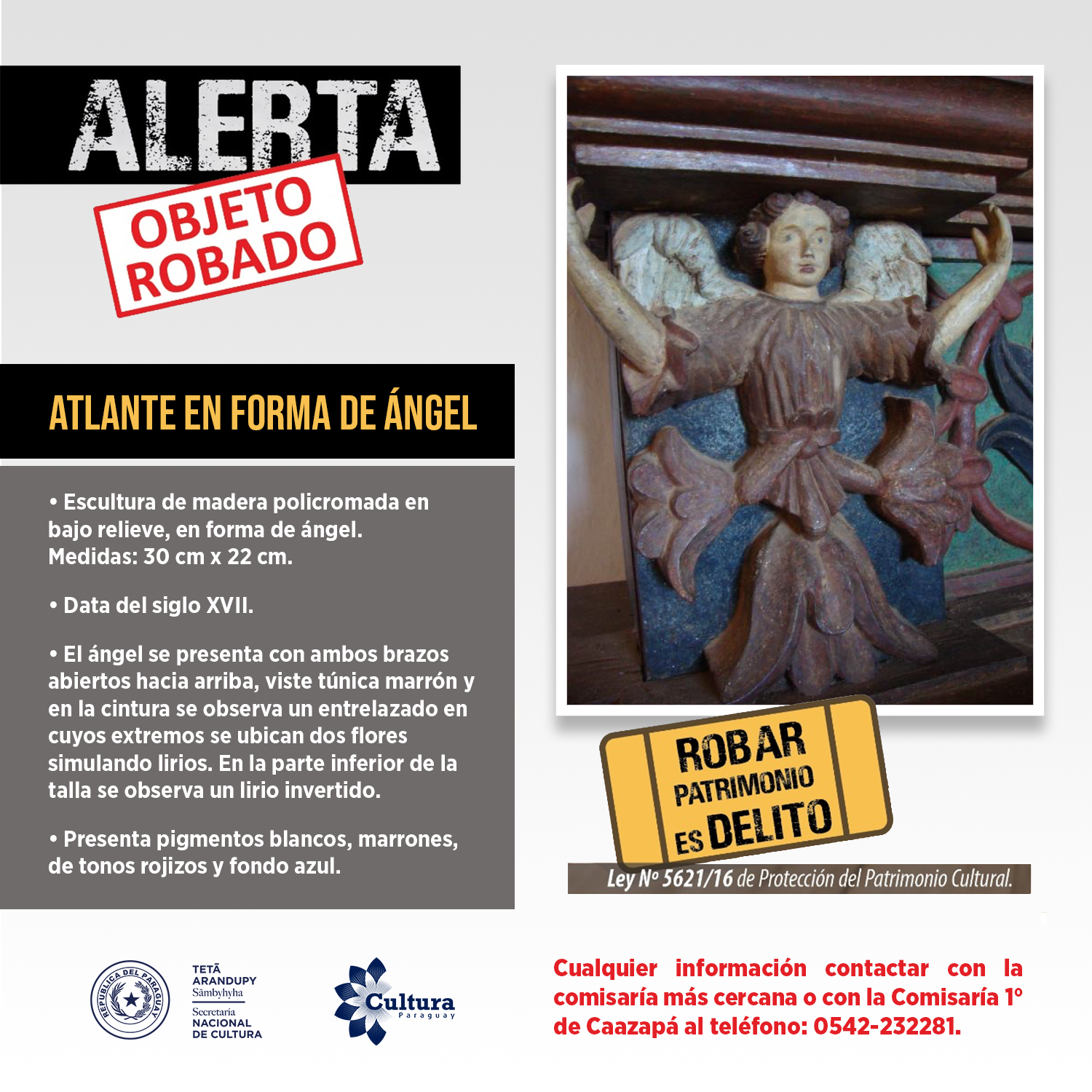 Alerta: roban escultura de más de 500 años del Oratorio San Roque de Caazapá imagen