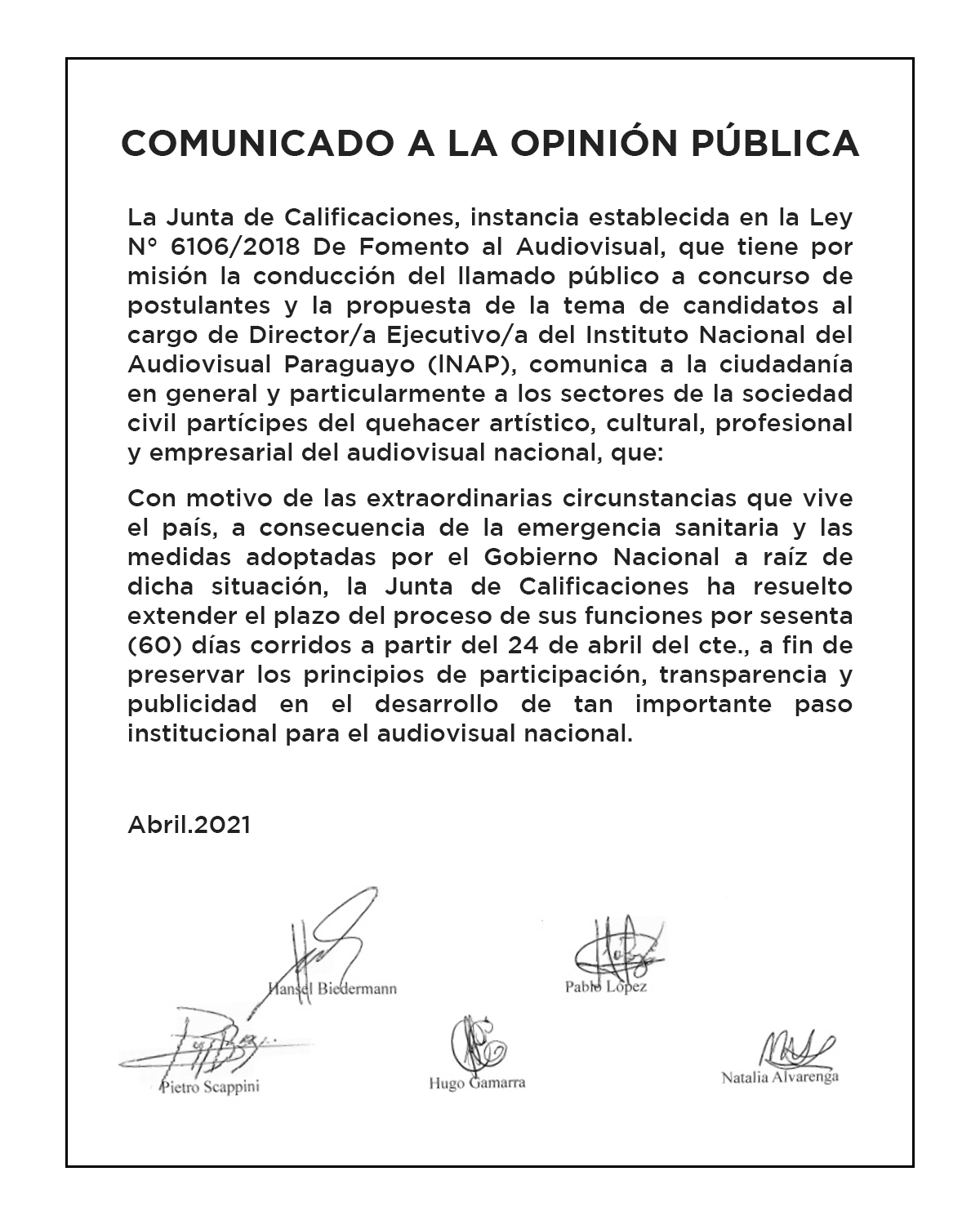 La Junta de Calificaciones del Instituto Nacional del Audiovisual Paraguayo (INAP) informa: imagen