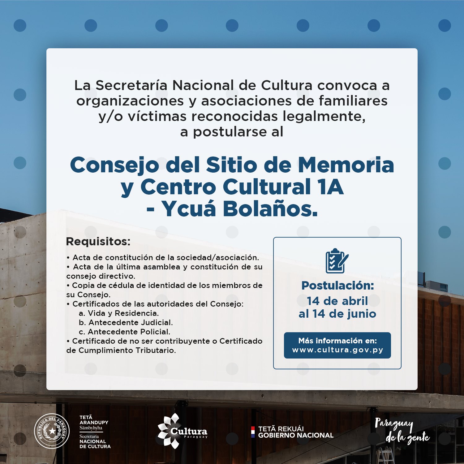Sigue habilitada la postulación para conformar el Consejo del Sitio de Memoria y Centro Cultural 1A – Ycuá Bolaños imagen
