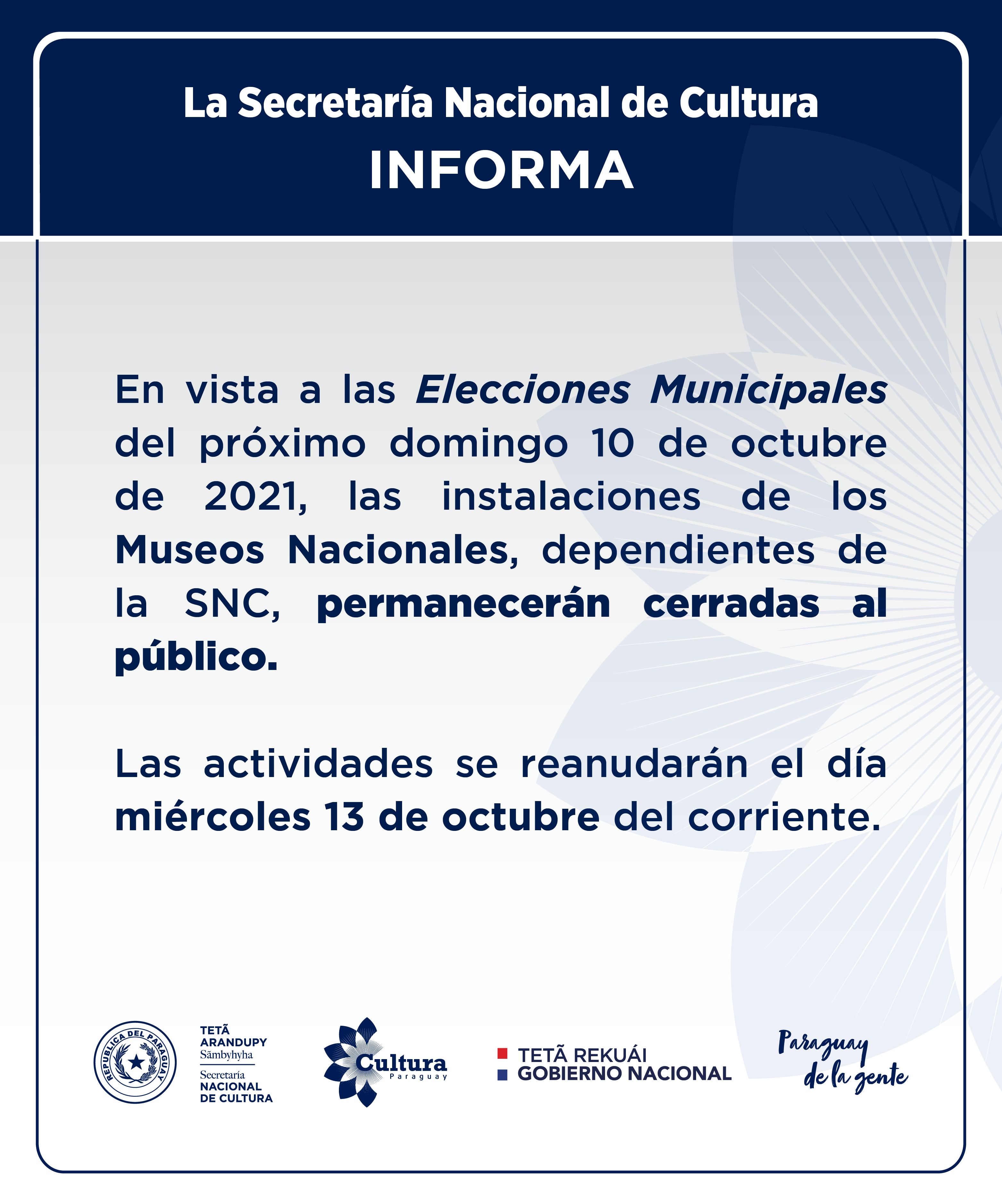 La SNC informa a la ciudadanía que los museos nacionales retomarán las actividades el miércoles 13 de octubre imagen