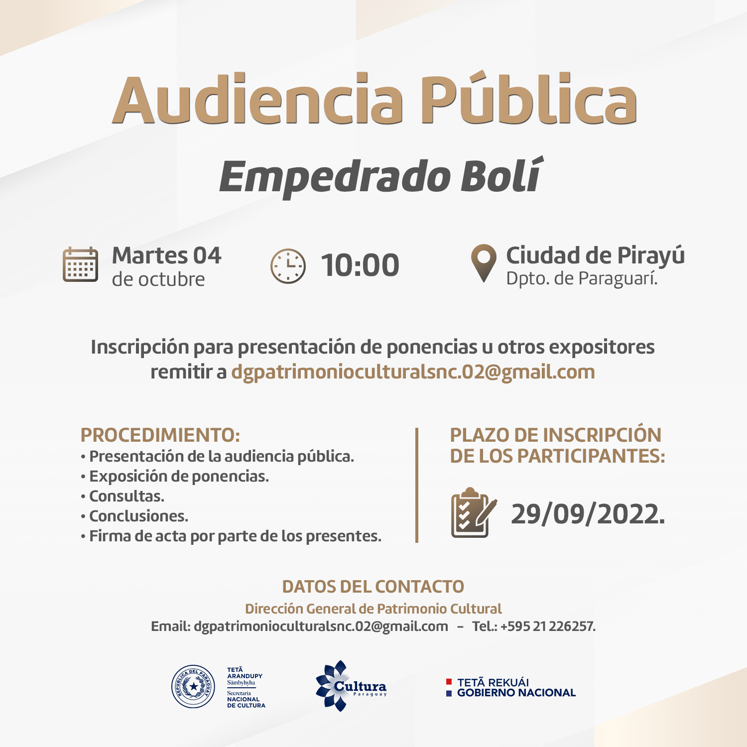 Pirayú: Cultura invita a inscribirse como participantes de la Audiencia Pública “Empedrado Bolí” imagen